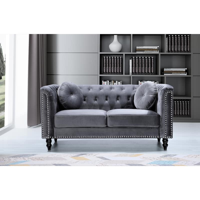 Calvin Classic Velvet Kittleson Nailhead Chesterfield Loveseat - Grey
