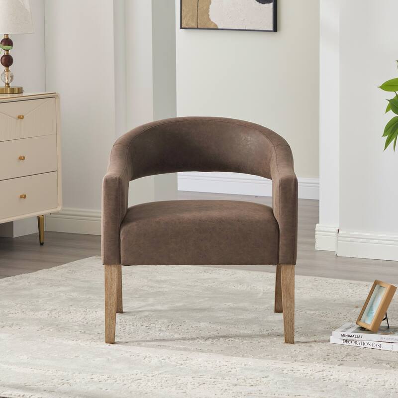 PU Leather Barrel Accent Chair, Ergonomic Lounge Reading Chair, Upholstered Armchair with Hollow Back & Solid Wood Legs - Coffee