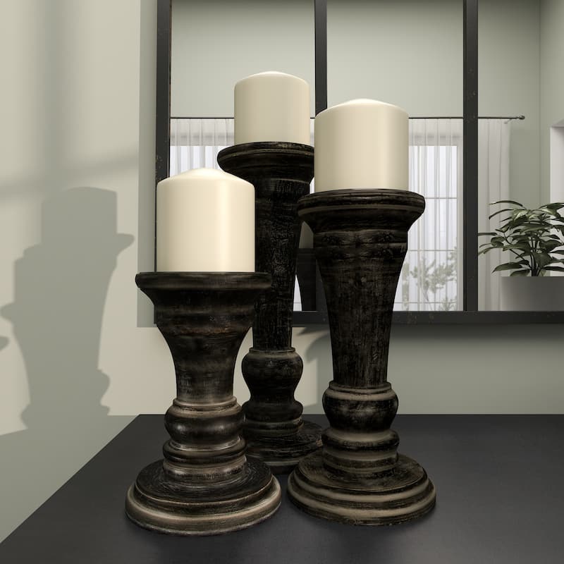 Black Mango Wood Traditional Candle Holder (Set of 3) - S/3 10", 8", 6"H