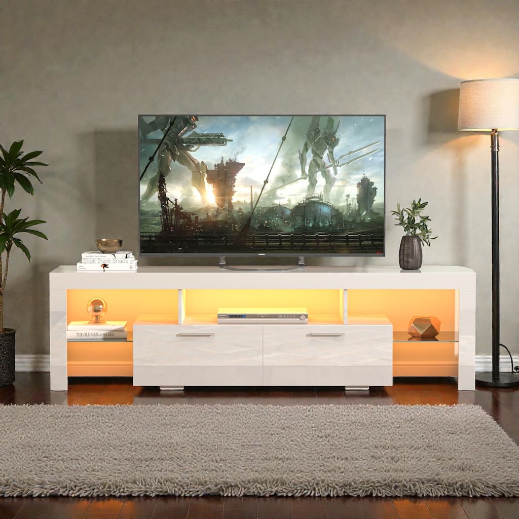 Modern 63" LED TV Stand for 65" TVs, Entertainment Console with RGB Lights, Tempered Glass Shelf & Storage Drawers