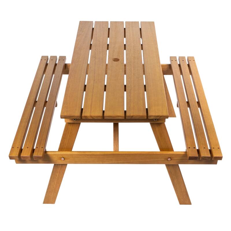 Porto 59" Modern Classic Outdoor Wood Picnic Table Benches with Umbrella Hole, by JONATHAN Y - Teak Brown
