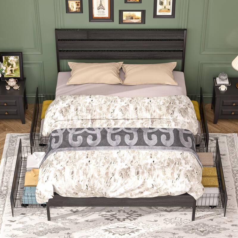 VECELO Upholstered Full/Queen Size Platform Bed Frame with 4 Storage Drawers