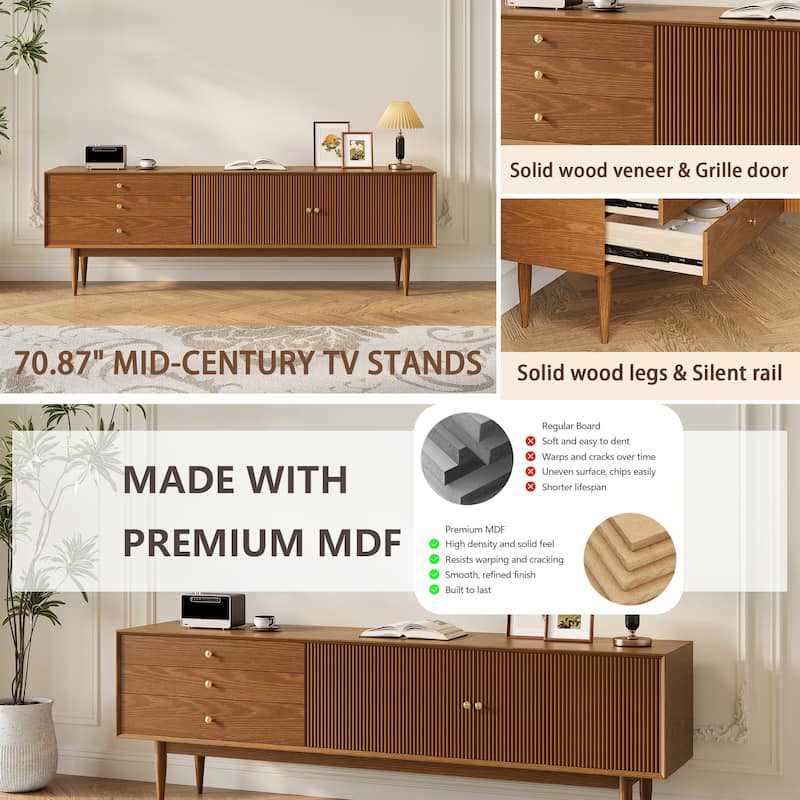 71" Mid Century Wood TV Stands,Brown,Not Assembled Need