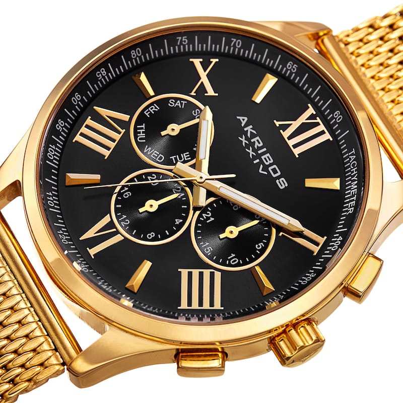 Akribos XXIV Men's Swiss Quartz Multifunction Dual Time Stainless Steel Black Bracelet Watch