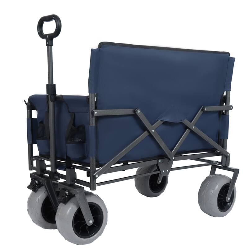 3-in-1 Folding Wagon with Bench Seat & Rear-Mounted Folding Tabletop - 500lbs Capacity, 9"x4" Beach Tires for Camping