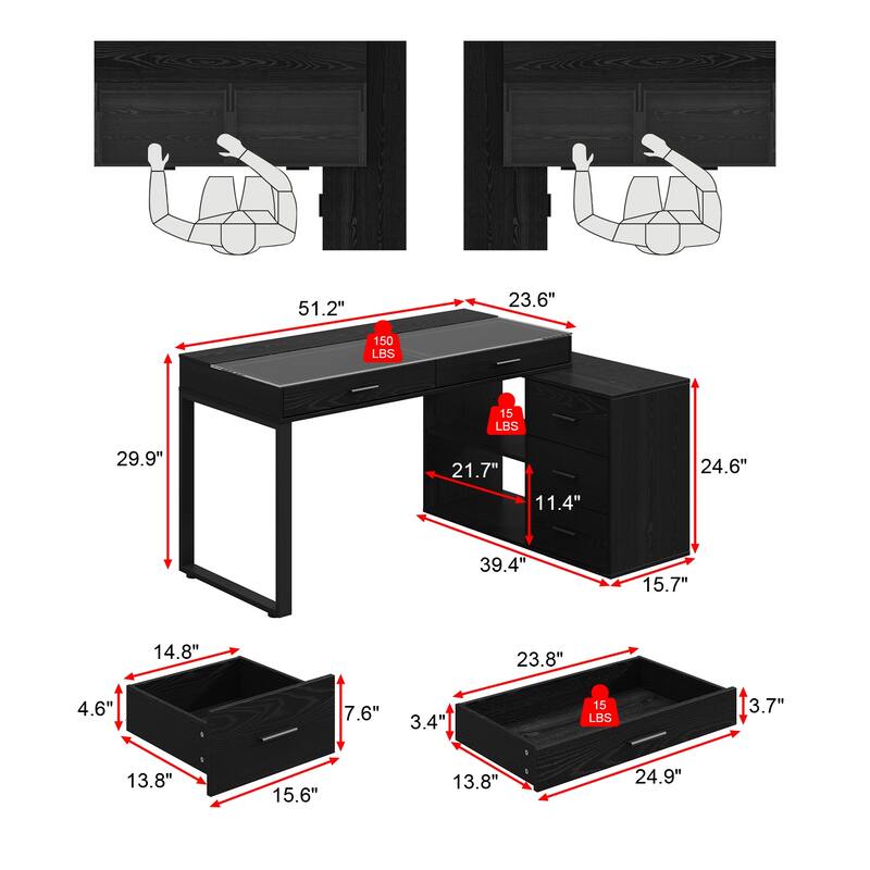 Black L-Shaped Desk with Glass Top Adjustable Writing Table with 5 Drawers, Sliding Top Reversible
