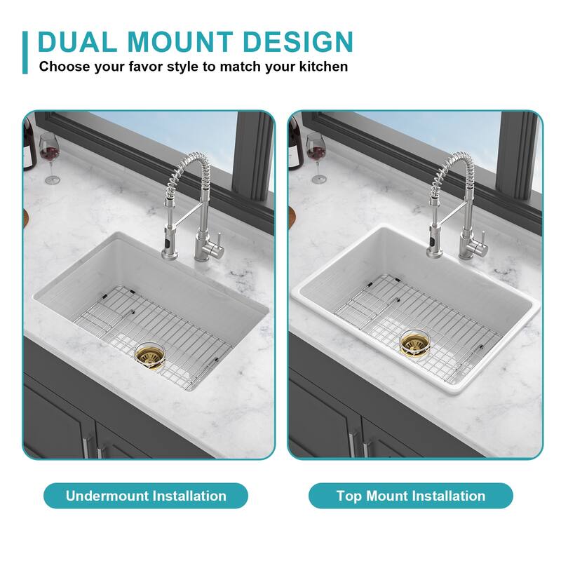 27x19x10 Undermount Single Bowl Fireclay Kitchen Sink Dual Mount White Porcelain Rectangular Deep Single Bowl Sink Basin