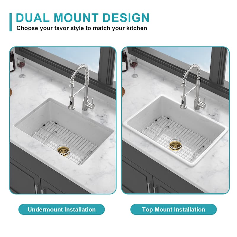 Undermount Single Bowl Fireclay Kitchen Sink - Dual Mount White Porcelain Fireclay Rectangular Deep Single Bowl Sink Basin