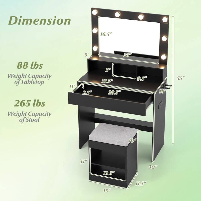 Gymax Vanity Desk Set w/ Mirror & Lights 31.5'' Small Makeup Table for