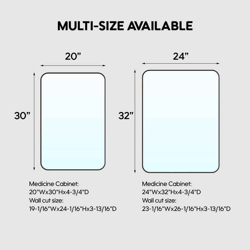 Recessed or Surface Wall Mount Bathroom Mirror Medicine Cabinet With Adjustable Glass Shelves