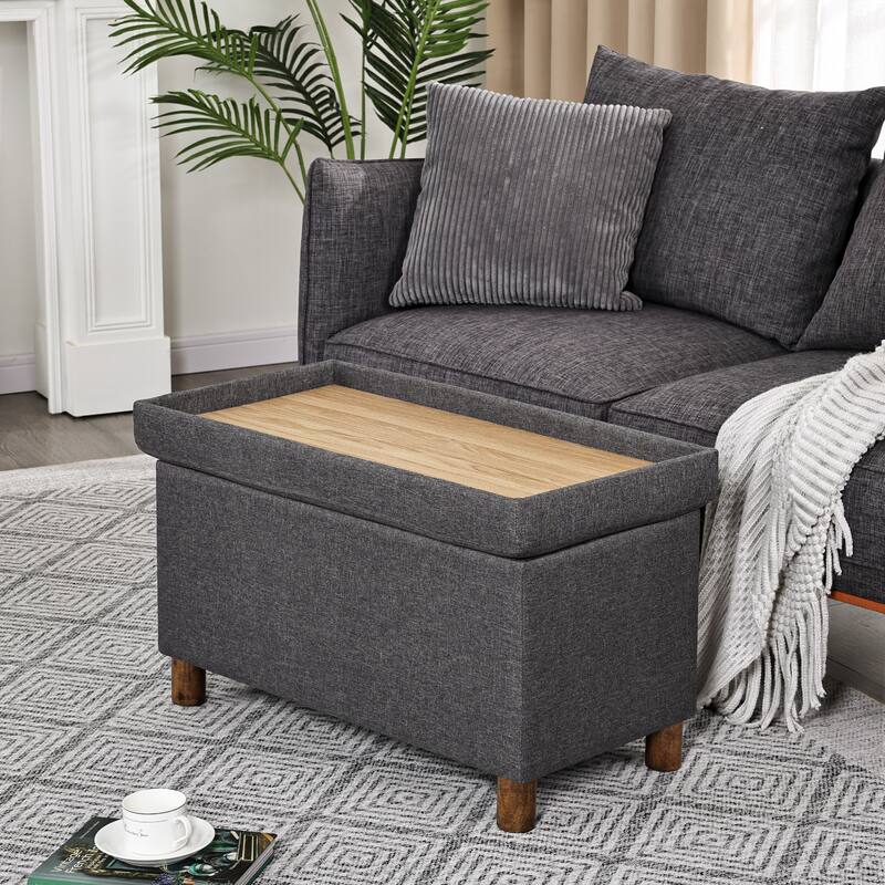 Adeco 30 Inches Storage Ottoman Bench for Living Room - Grey -with-Lightwood-Tray