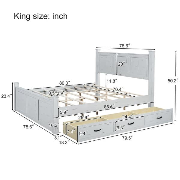 Farmhouse Style King Size Wood Panel Bed Frame Four Square Poster Bed with Three Storage Drawers, Ancient White