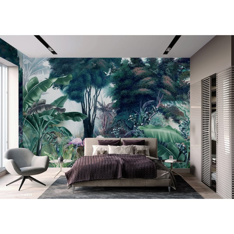 Exotic Jungle Mural Vibrant Flamingos and Tropical Foliage Design