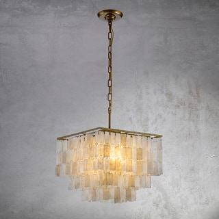 CraftHome 3-Light Coastal Natural Capiz Shell Tiered Chandelier With Square Antique Gold Frame
