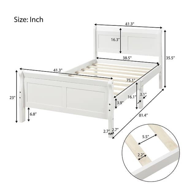 dimension image slide 1 of 3, Wood Platform Bed Frame, Twin Size Panel Bed with Sleigh Headboard Footboard and Slat Support, Easy to Assemble Slat Bed
