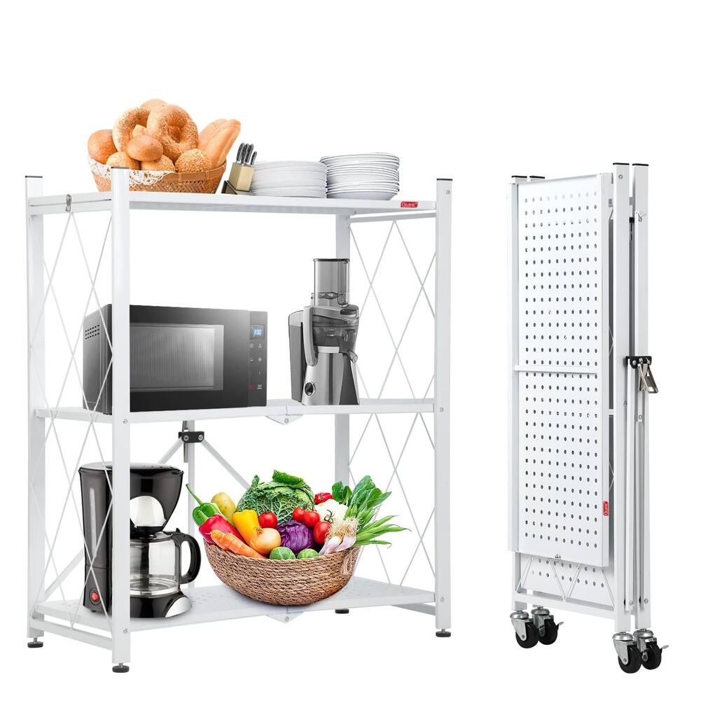 3-Shelf Foldable Storage Shelves with Wheels,Large Capacity Shelving Unit,Freestanding Metal Wire Shelf Rack