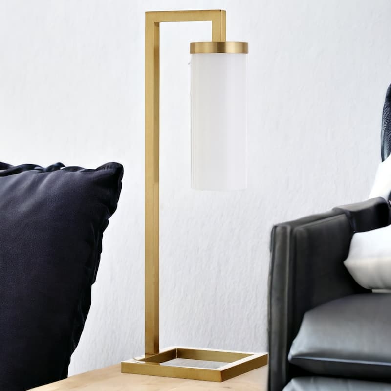 26" Modern Arched Glass Table Lamp with White Cylinder Shade and Metal Base E26 Socket Plug-In - 7" D x 8" W x 26" H