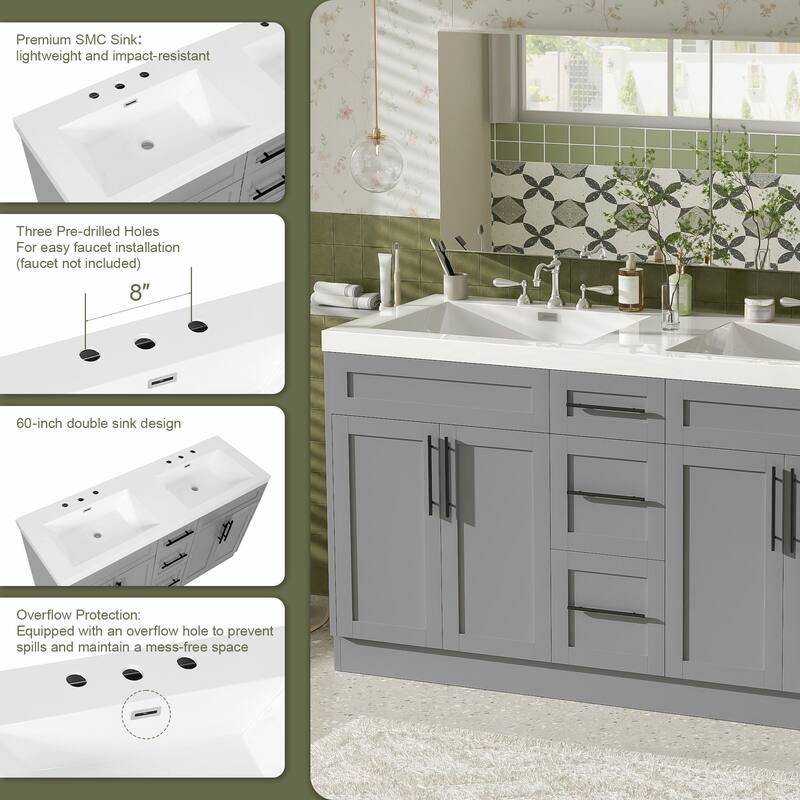 59.3" Double Sink Bathroom Vanity with SMC Top, MDF Cabinet with Solid Wood Frame & Soft-Close Doors