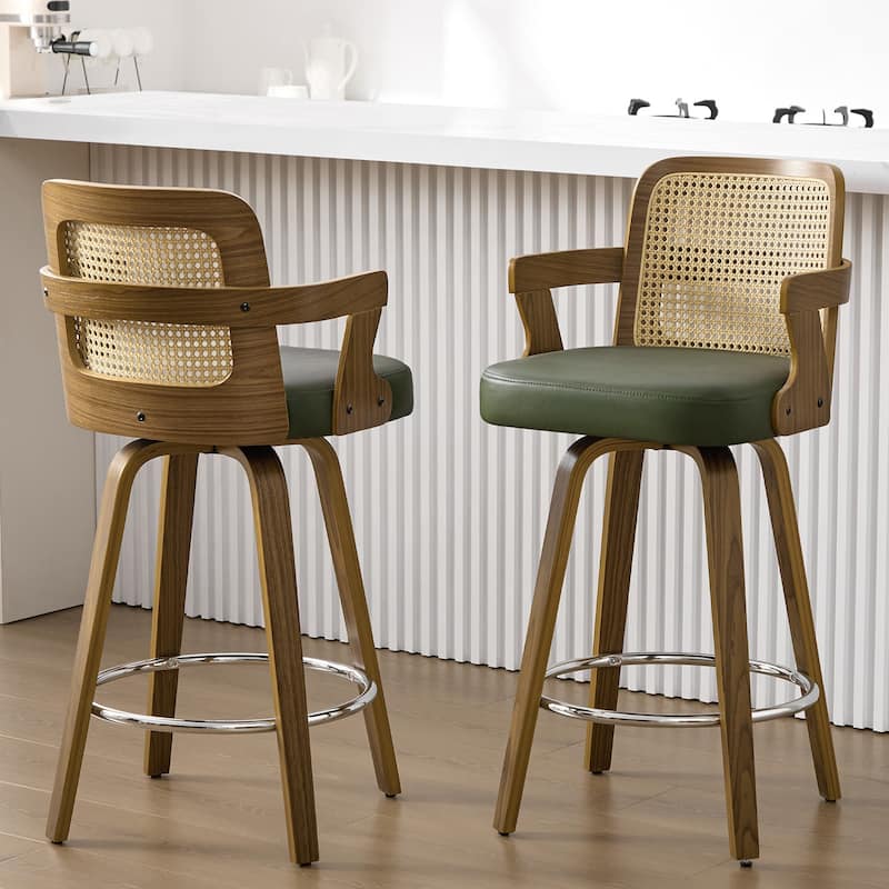 Upholstered Swivel Barstool with Arms and Bentwood Legs - 40.8"H x 18.9"W x 19.5"D/19.3"D - Set of 2 - Green-Rattan Back
