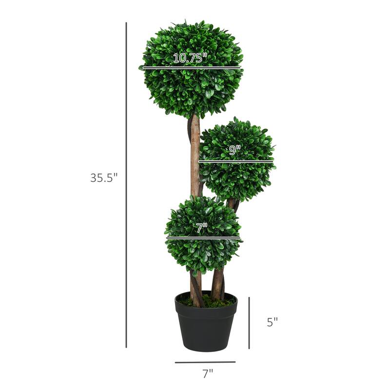 3ft/35.5" Artificial 3 Ball Boxwood Topiary Tree with Po