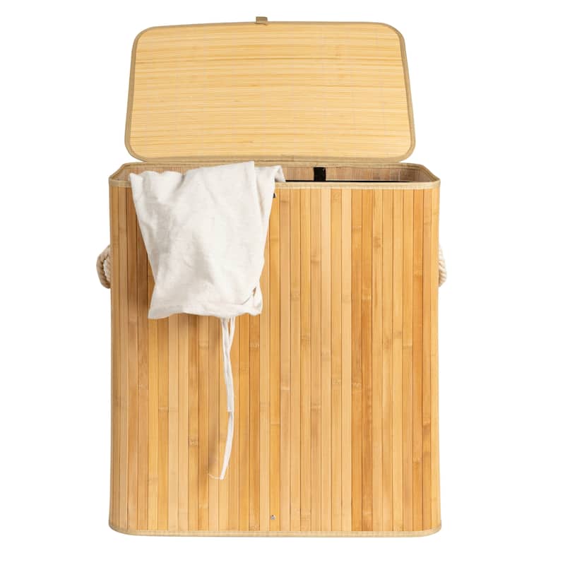 Household Essentials Bamboo Double Laundry Hamper with Rope Handles and Removable Laundry Bag