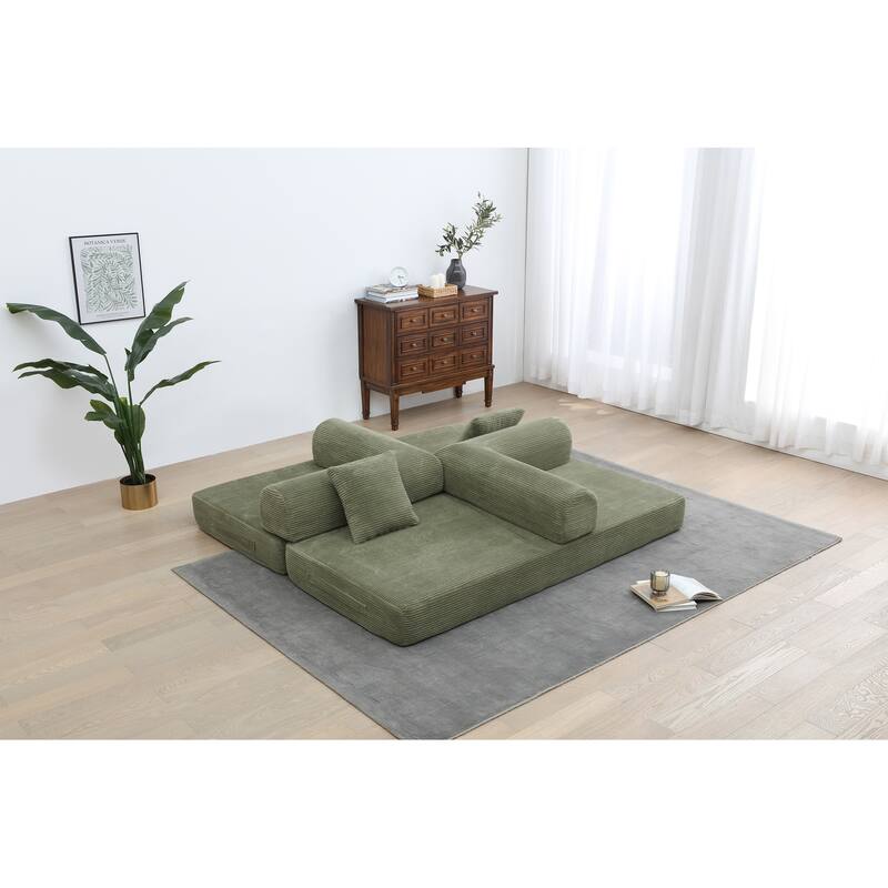 Convertible Sleeper Sofa Bed with Cylindrical Pillow - Corduroy Folding Mattress Couch for Living Room, Bedroom, Lounge, Studio