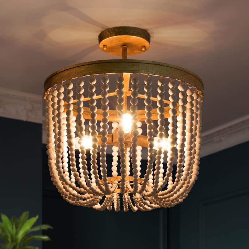 Cotia Boho Modern Glam 3-Light Wood Beads Semi-flush Mount Ceiling Lights Gold Chandelier - D14"*H15.5"