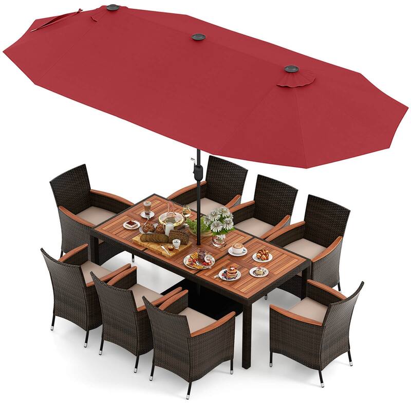 Costway 11 PCS Patio Dining Set with 15ft Double-Sided Patio Umbrella