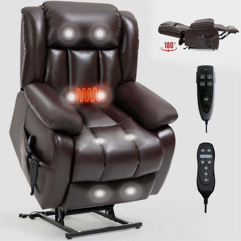 Brown Medium Electric Power Lift Recliner Chair in Genuine Leather with Dual Motors, 8-Point Massage, and Lumbar Heat - brown