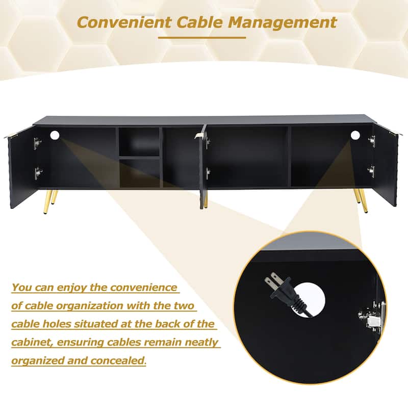 71" Minimalist TV Cabinet with Geometric Honeycomb Pattern - Gold Accents, Cable Management, Storage