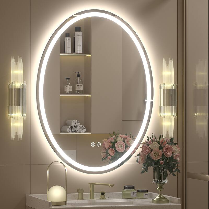 Oval Front & Back LED Lighted Anti-fog Tempered Glass Wall Bathroom Vanity Mirror, 3-Year Warranty & ETL Certification - 32" X 24"