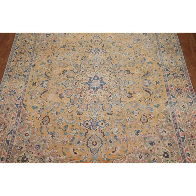 Hand Knotted Oriental 100% Wool Carpet Traditional Floral Yellow & Gold Mashad Area Rug - 12' 4'' X 9' 7''