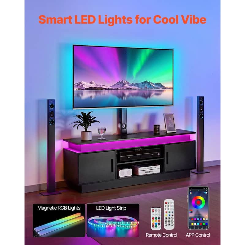 52" TV Stand with Mount for up to 75 in TVs, Entertainment Center with Power Outlet & LED Lights, Height Adjustable TV Console w