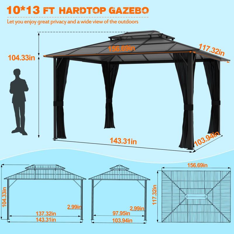 VEIKOUS 13' x 10' Outdoor Double Hardtop Gazebo for Patio with Netting