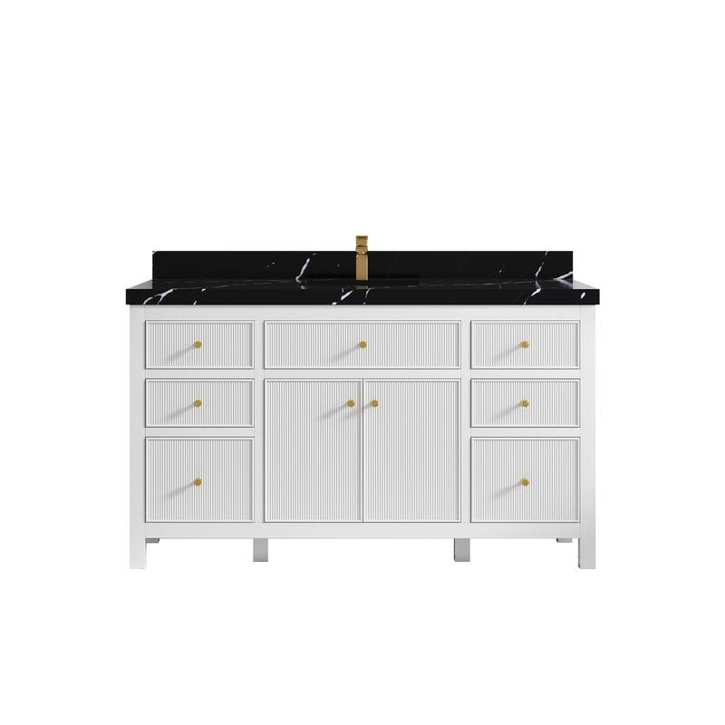 Willow Collections 60 in W x 22 in D Sonoma Free Standing Reeded Single Sink Bathroom Vanity with Countertop - 2" Calacatta Black - White