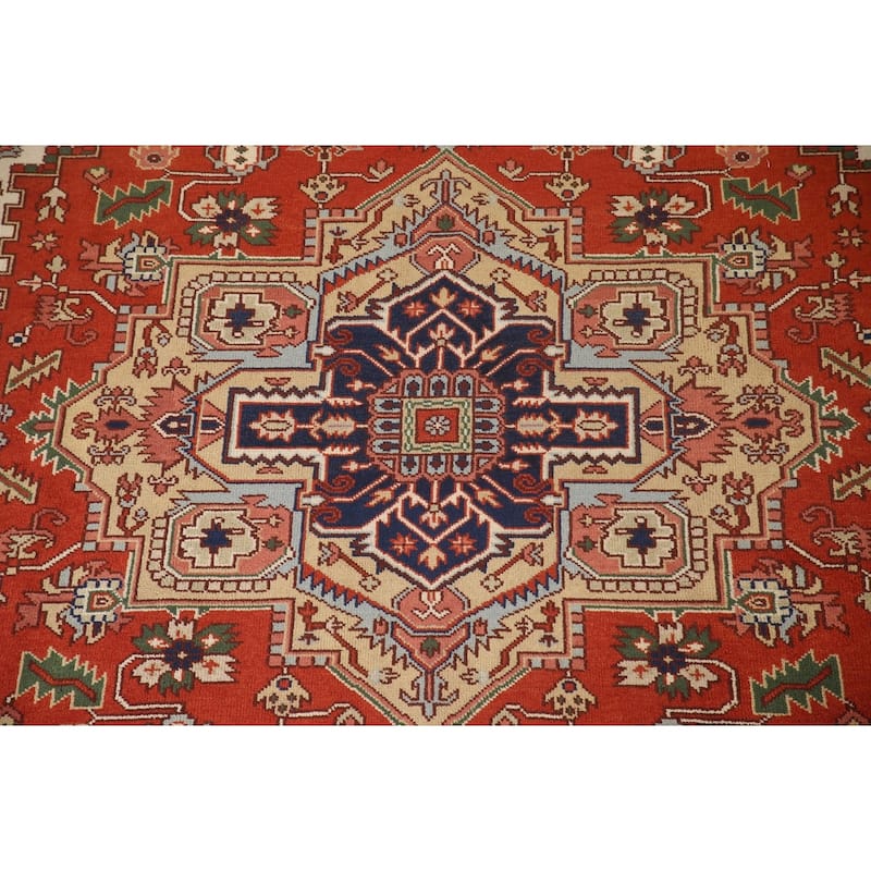 Orange Geometric Heriz Serapi Area Rug Handmade Oriental Wool Carpet - 9'0"x 11'8"