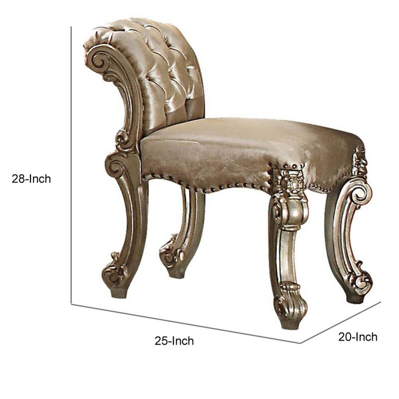 Fabric Upholstered Wooden Vanity Stool with Tufted Back, Gold &White