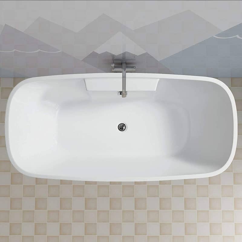 Vanity Art 67" Freestanding Acrylic Bathtub Modern Stand Alone Soaking Tub with Chrome Finish Round Overflow & Pop-up Drain