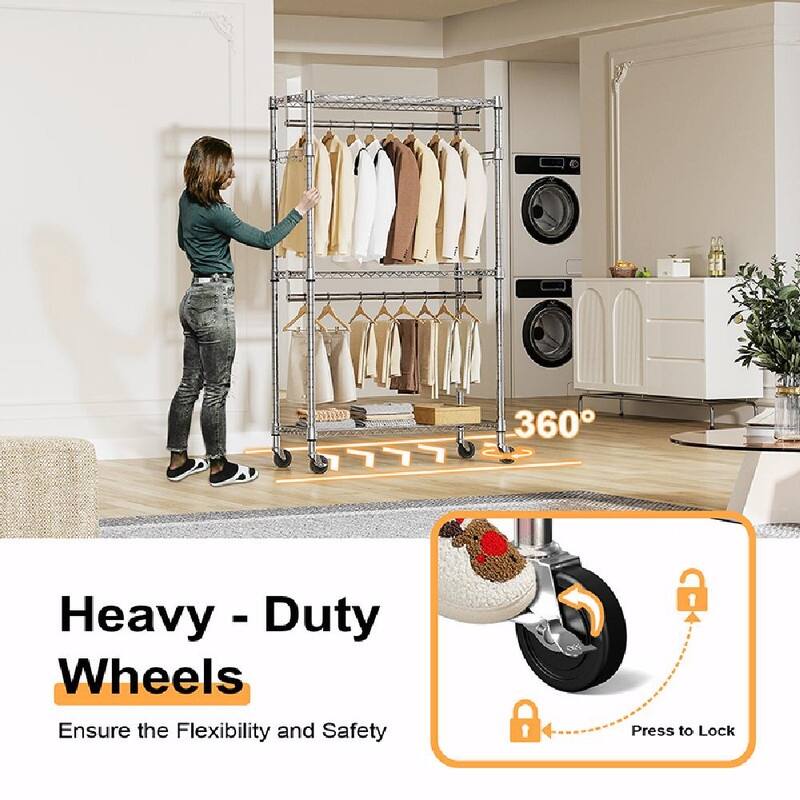 Heavy Duty Rolling Garment Rack with Wheels, 3-Tier Adjustable Wire Shelving, Clothes Rack with 2 Rods & Side Hooks