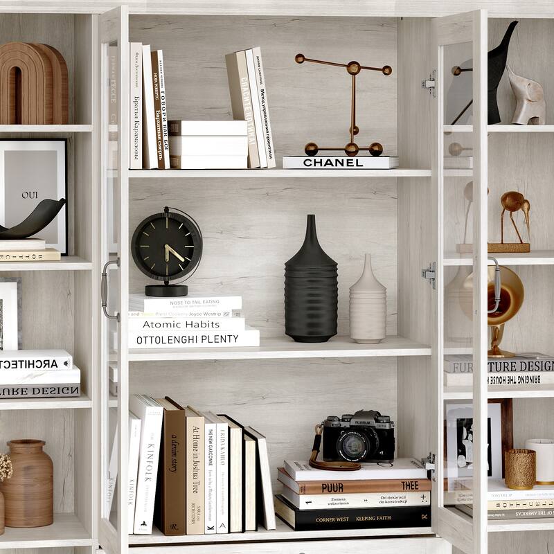 Bookcase Cabinet with Glass Doors and Drawers Multi-Purpose Storage Display Hutch for Living Room or Dining Room