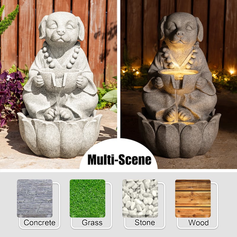 Glitzhome 21.75"H 2-Tiered Zen-Style Polyresin Cat Dog Statue Outdoor Fountain with LED Lights