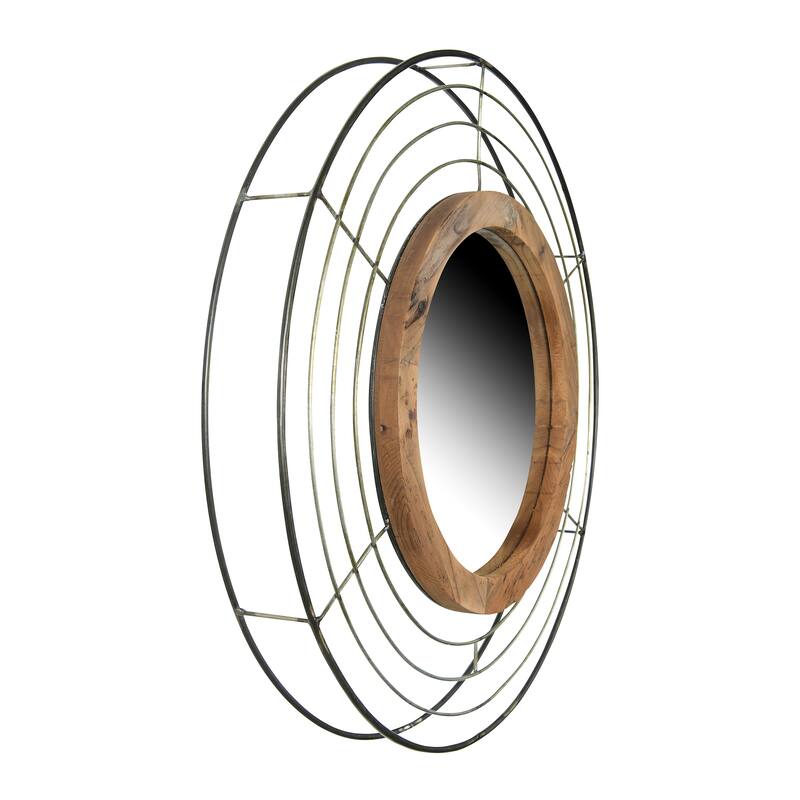 Round Wall Mirror with Wood Frame and Metal Wire Surround - Antique Black