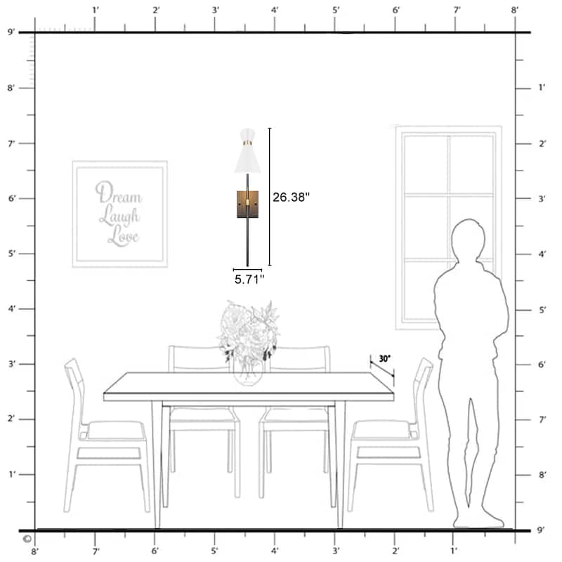 1-Light Black Indoor Wall Sconce with White Cone Metal Shade Modern