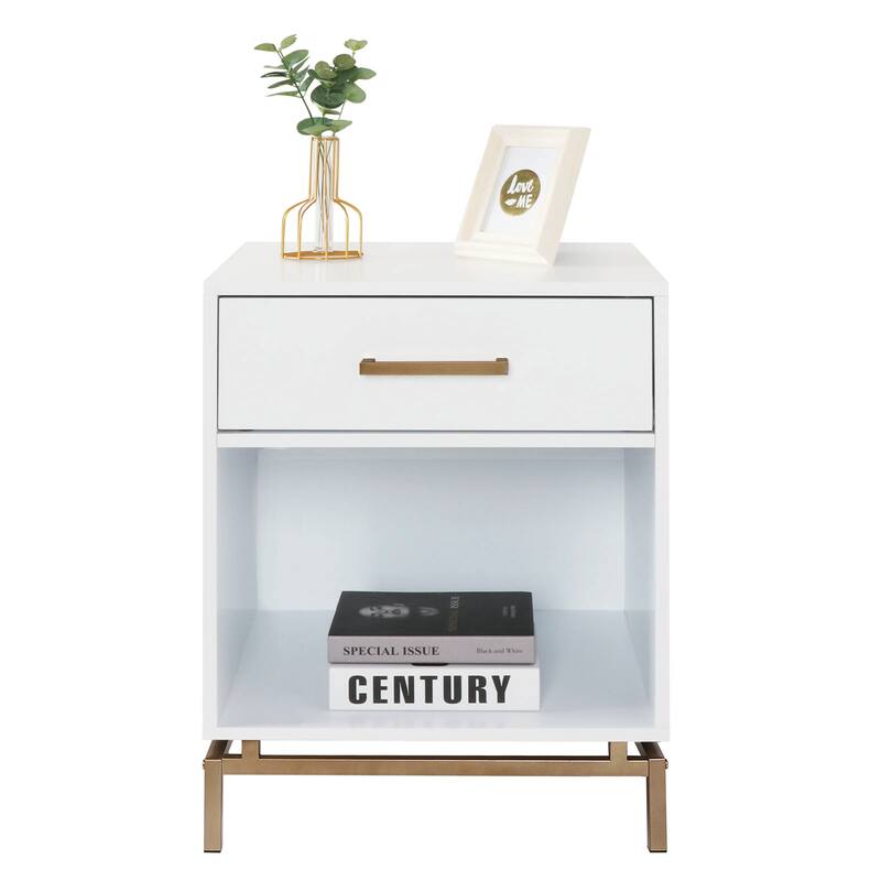 Anmytek 1-Drawer Modern White Gold Nightstand Accent Table End Side Table with Open Shelf for Bedroom