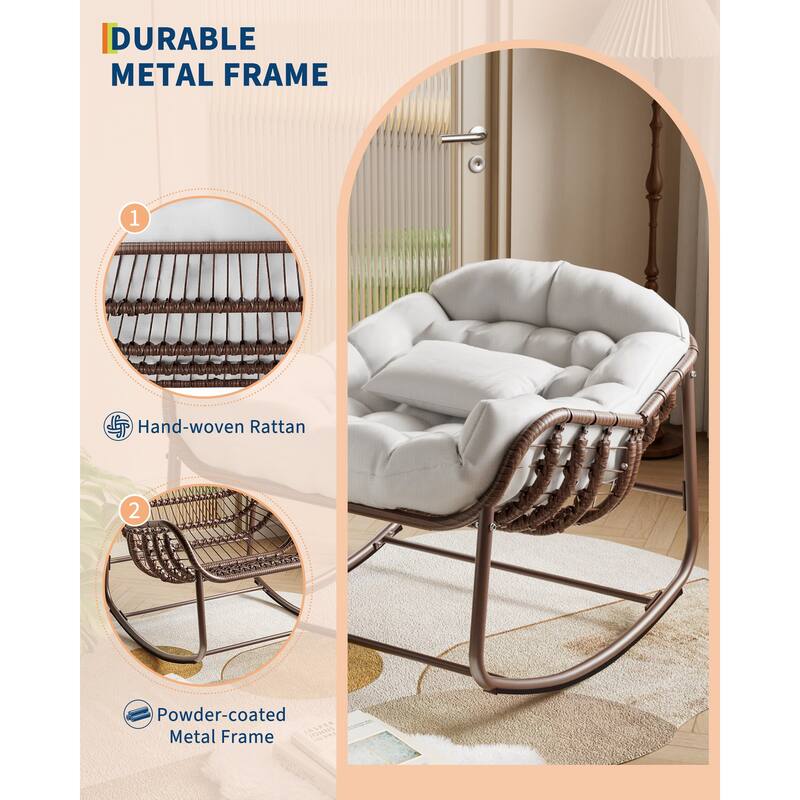 Outdoor Rocking Chair, Oversized Wicker Lounge Chair with Cushion and Metal Frame