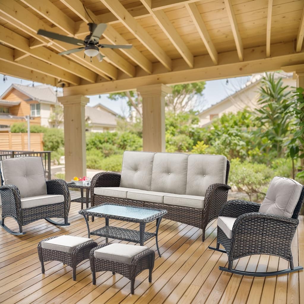 7 Pieces Rocker Chairs Sofa Ottomans Brown-Beige - Brown