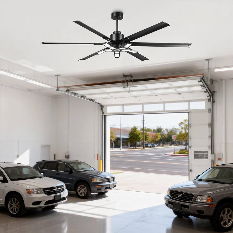 72" Industrial Matte Black Garage Large Ceiling Fan with Foldable LED Light and Remote