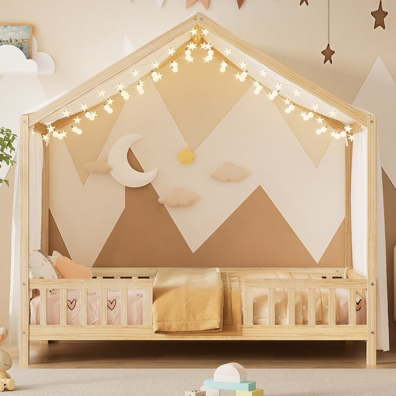 Montessori Bed, House-shape Frame Platform Bed for Kids Toddler, Wood House Daybed with High Railings and Roof, Canopy Bed Frame