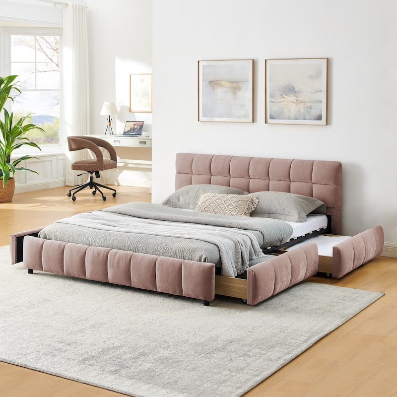 Block Thick Chenille Low Profile Platform Bed Fabric Upholstered Bedframe with Headboard Solid Wood Frame - Optional Storage Bed