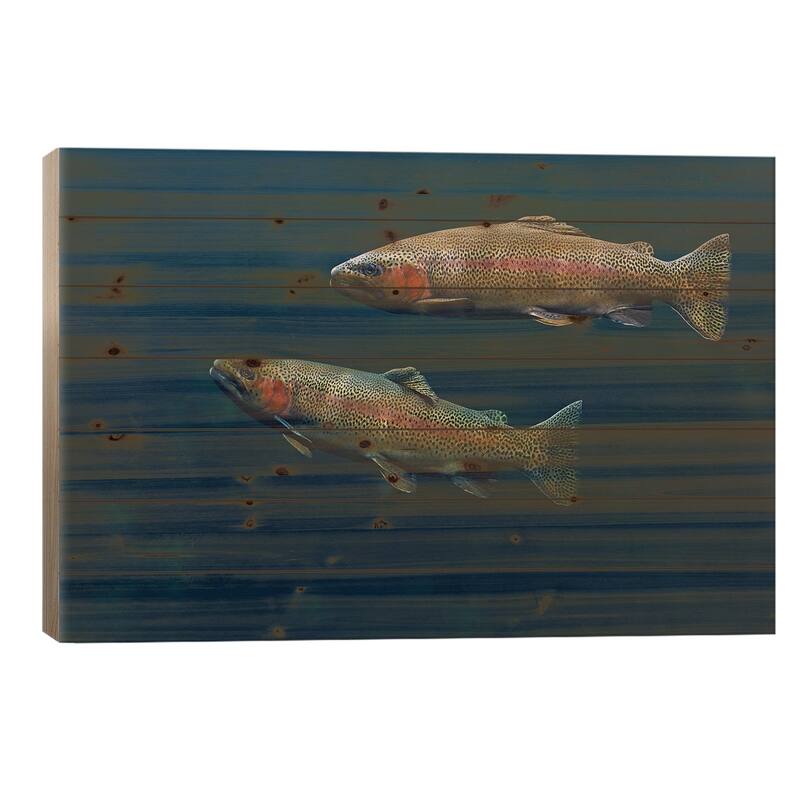 Rainbow Trout Pair Swimming Underwater Print On Wood by Tim Fitzharris - Multi-Color - 18x26x1.5